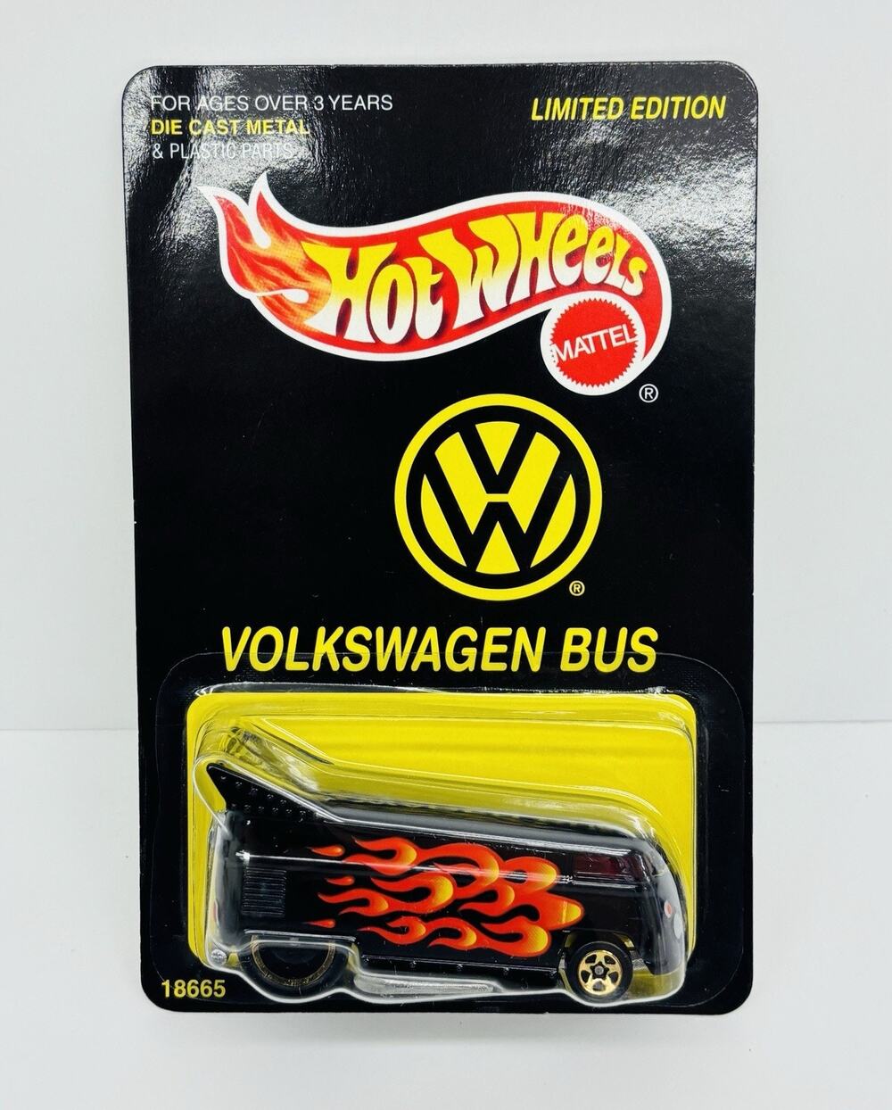 Hot Wheels VW Volkwagen Drag Bus Black Flames Limited Edition 18665 w/ Protector